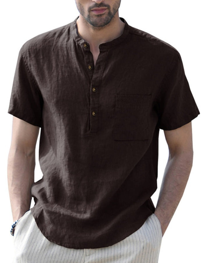SHOPIQAT Men's Woven Casual Stand Collar Linen Short Sleeve Shirt - Premium from shopiqat - Just $6.900! Shop now at shopiqat